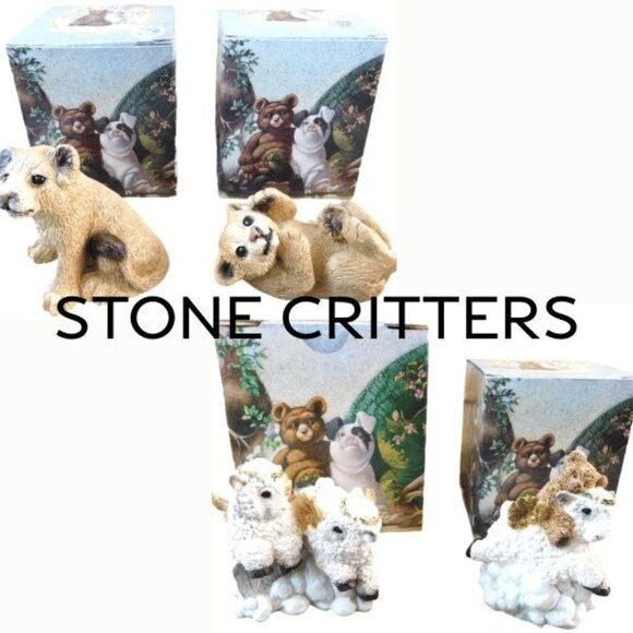 Lot of 4 Stone Critters Figurines Boxes Lion Cubs Ewe Lamb Collectible Animals - Picture 1 of 16